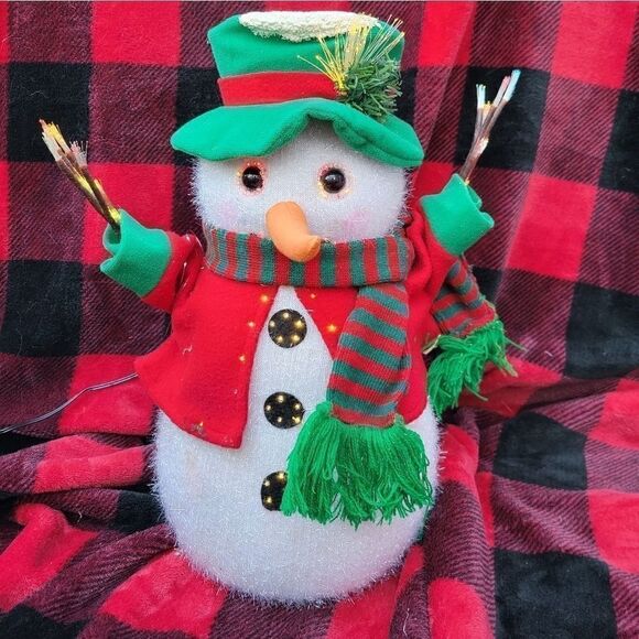 Fiber Optics Snowman decoration plug in light up 14" tall red green scarf hat - Picture 6 of 12